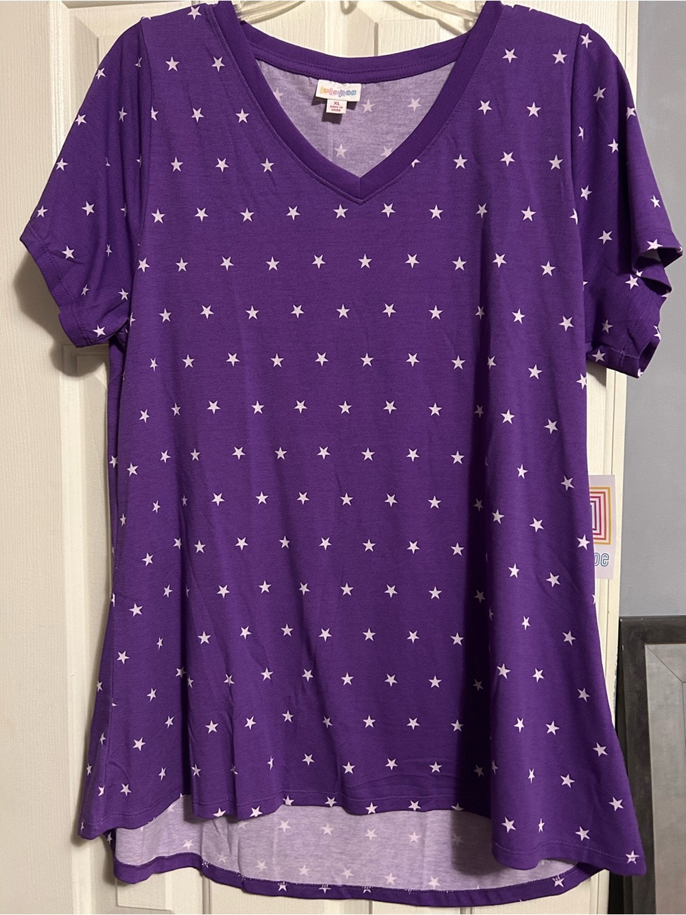 LuLaRoe Purple V-Neck Tunic with White Star Print